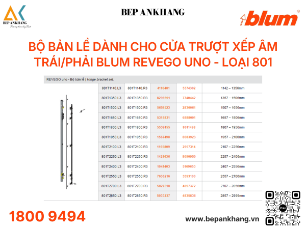 Bộ bản lề dành cho cửa trượt xếp âm Trái Blum REVEGO uno 801T1140.L3 (4110481) - 1142 – 1356mm
